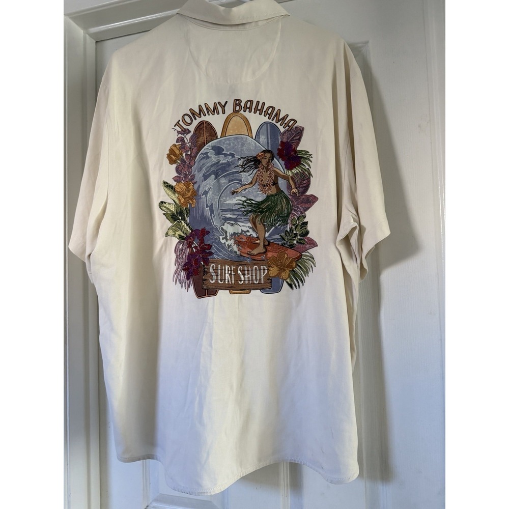 Tommy Bahama Surf Shop Hula Girl Surfer Silk Shirt XL Beige Blue Embroidered